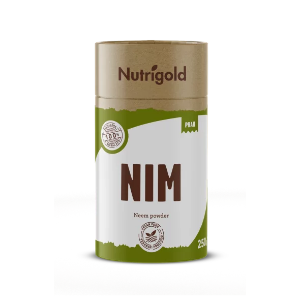 Nutrigold neem powder in a brown cardboard packaging of 250g