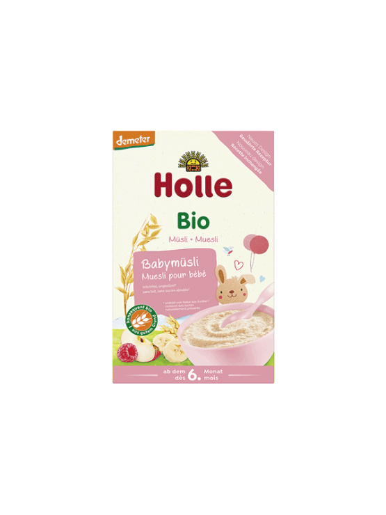 Organic Holle baby fruit muesli in a cardboard packaging of 250g