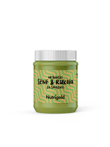 Nutrigold organic vegan spread mustard and arugula in a transparent glass packaging of 135g