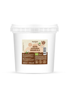 Nutrigold extra virgin cold pressed coconut oil in a 2000 ml plastic container