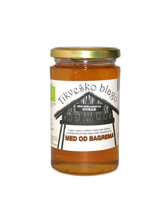 Tikveško blago organic acacia honey in a 450g glass jar