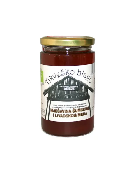 Tikveško blago forest and meadow honey in a 450g glass jar