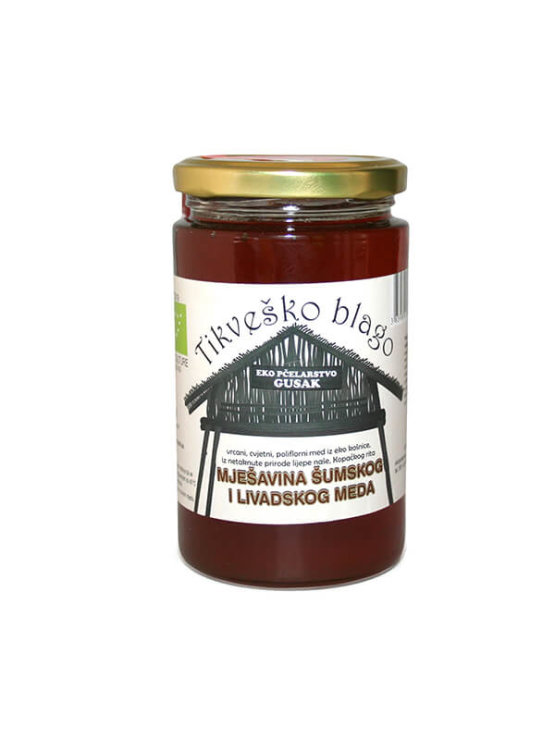 Tikveško blago forest and meadow honey in a 450g glass jar