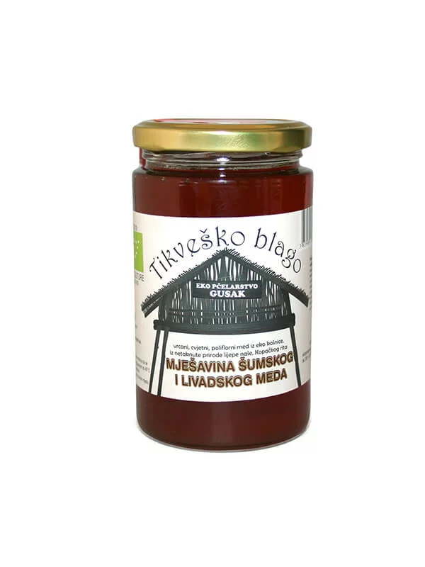 Tikveško blago forest and meadow honey in a 450g glass jar
