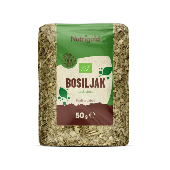 Nutrigold organic dried basil in a transparent package of 50 grams