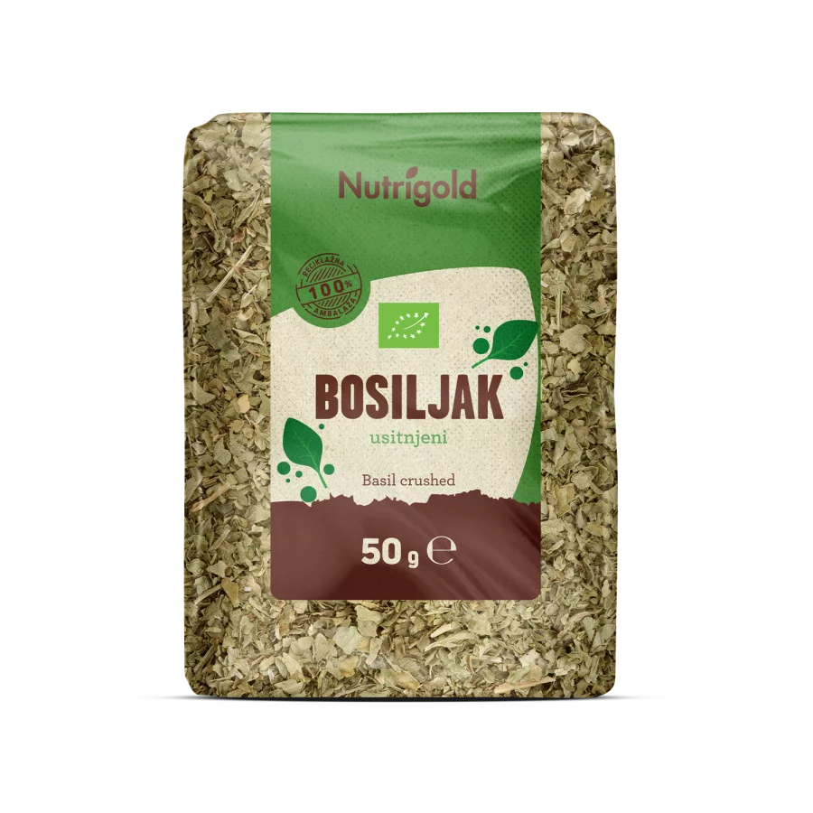 Nutrigold organic dried basil in a transparent package of 50 grams