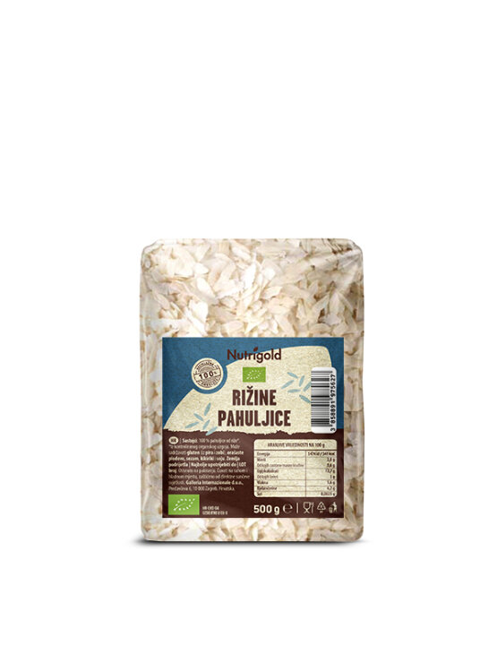 Nutrigold organic rice flakes in a transparent packaging of 500g