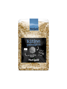 Nutrigold organic rice flakes in a transparent packaging of 500g
