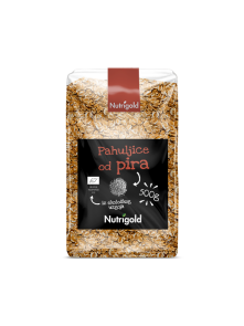 Nutrigold organic spelt flakes in a transparent packaging of 500g