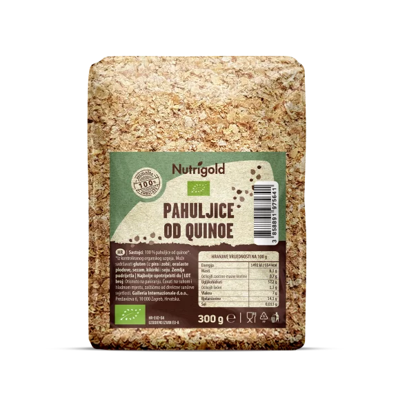 Nutrigold organic quinoa flakes in a transparent packaging of 300g