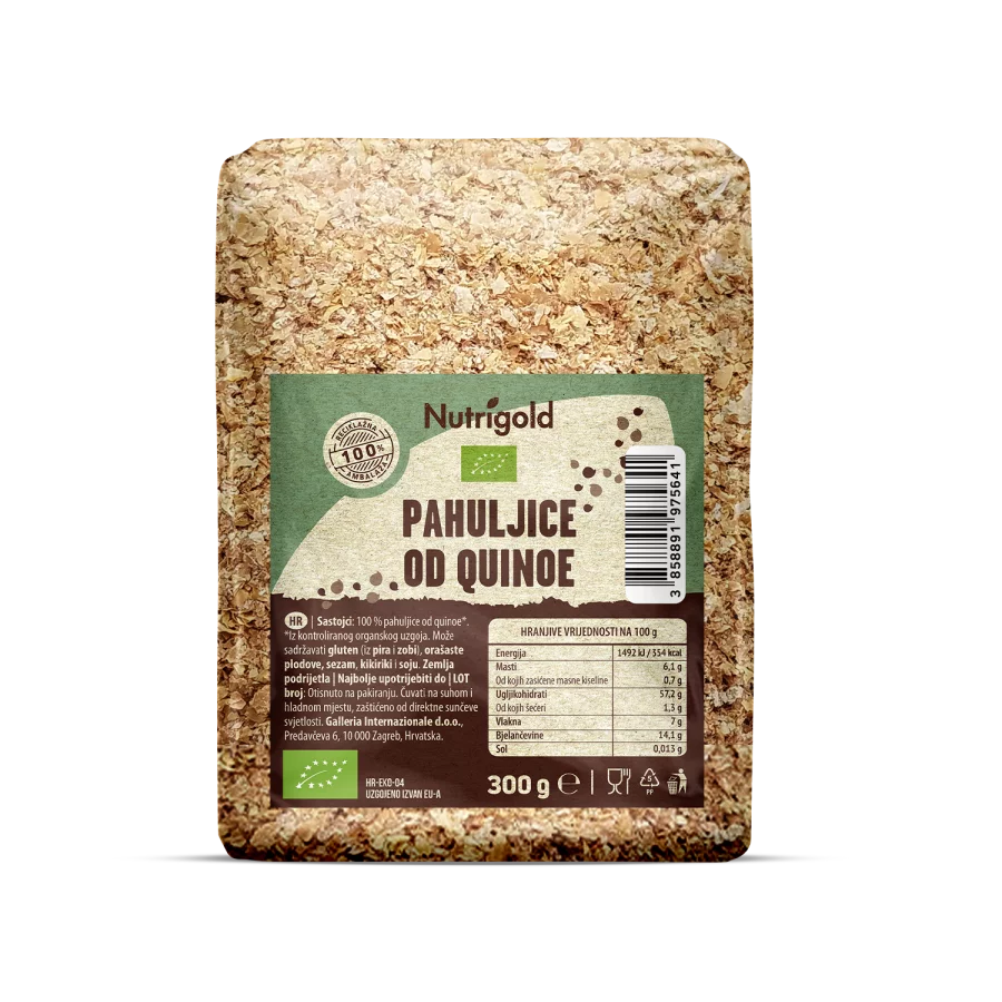 Nutrigold organic quinoa flakes in a transparent packaging of 300g
