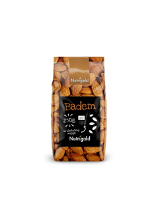 Nutrigold organic almonds in a transparent plastic container of 250 grams