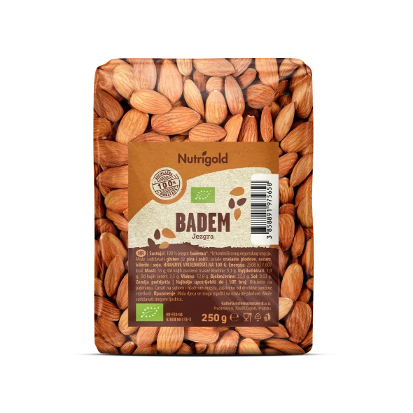 Nutrigold organic almonds in a transparent plastic container of 250 grams