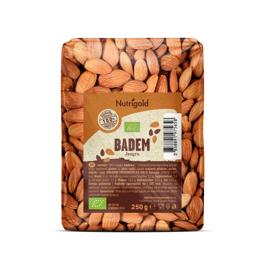Nutrigold organic almonds in a transparent plastic container of 250 grams