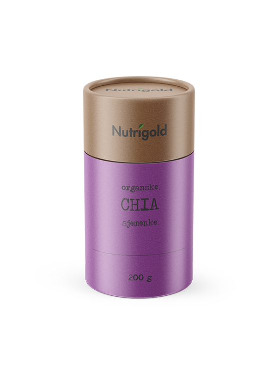 Nutrigold organic chia seeds in purple packaging of 200g
