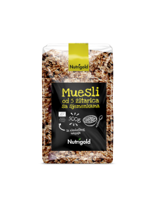 Nutrigold organic 5 grain muesli with seeds in a transparent packaging of 500g