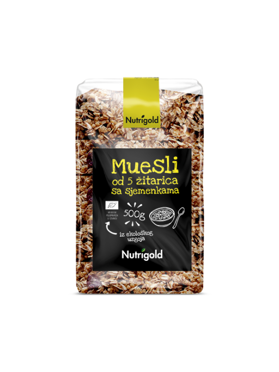 Nutrigold organic 5 grain muesli with seeds in a transparent packaging of 500g