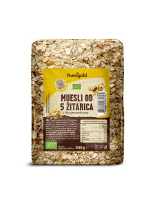 Nutrigold organic 5 grain muesli with seeds in a transparent packaging of 500g