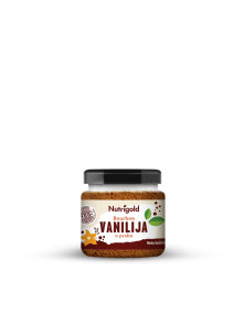 Nutrigold Bourbon vanilla powder in a glass, transparent container of 10g