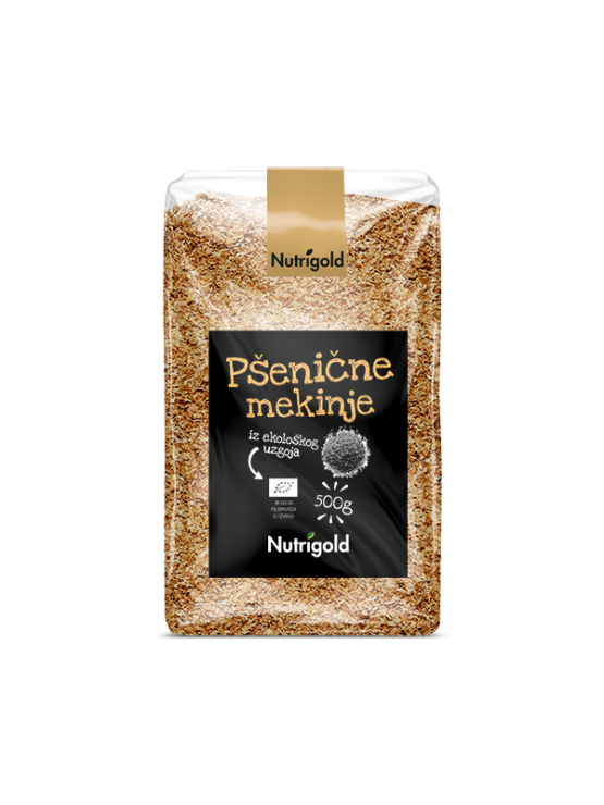 Nutrigold organic wheat bran in a transparent packaging of 500g
