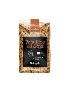 Nutrigold organic soy flakes in a transparent packaging of 500g