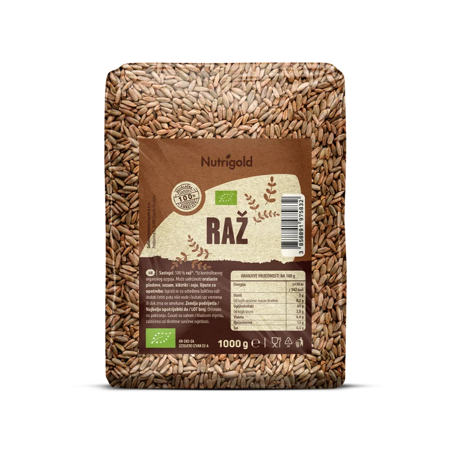 Nutrigold organic rye in a transparent packaging of 1000g