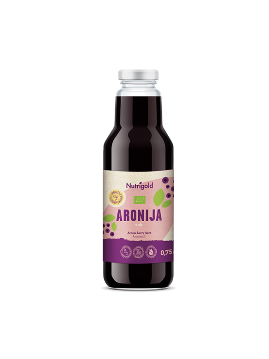 Nutrigold aronia berry juice, organically cultivated in a glass bottle of 750ml.