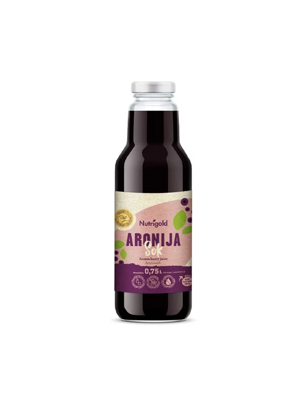 Nutrigold aronia berry juice, organically cultivated in a glass bottle of 750ml.