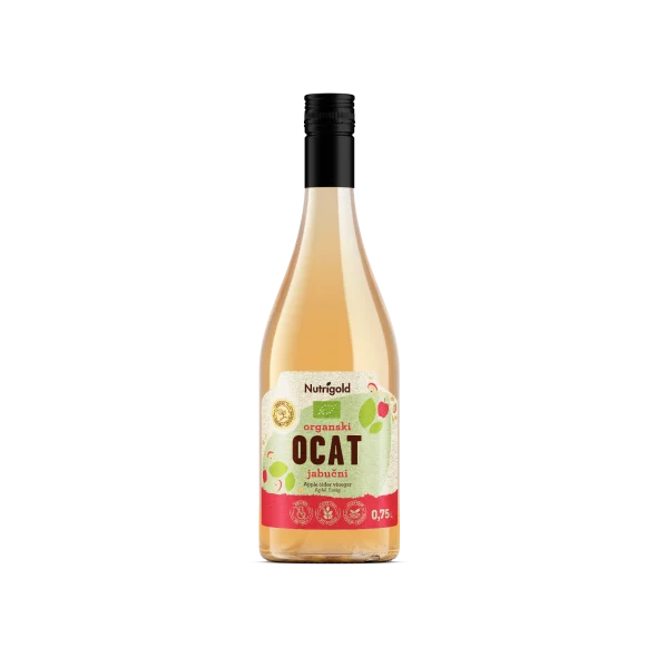 Nutrigold apple cider vinegar in a clear bottle of 0,75l