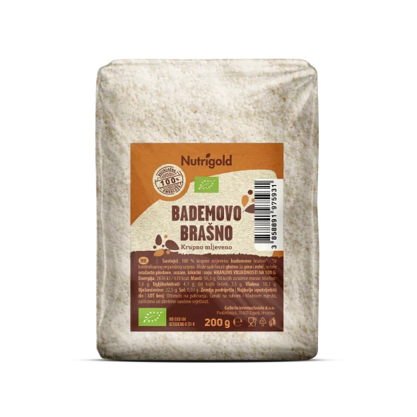 Nutrigold organic almond meal in 200g transparent packaging