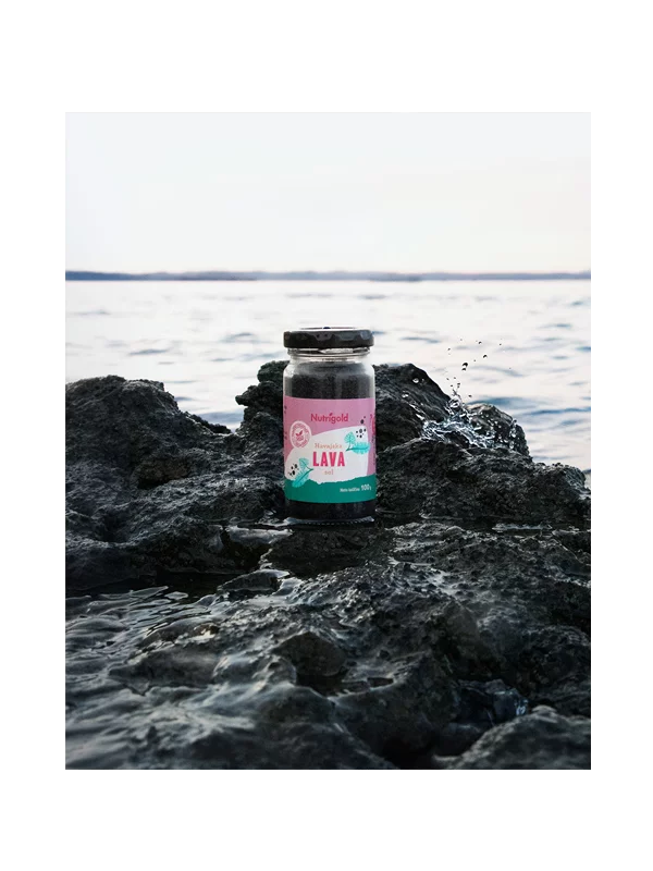 Nutrigold lava salt in transparent glass jar of 100g