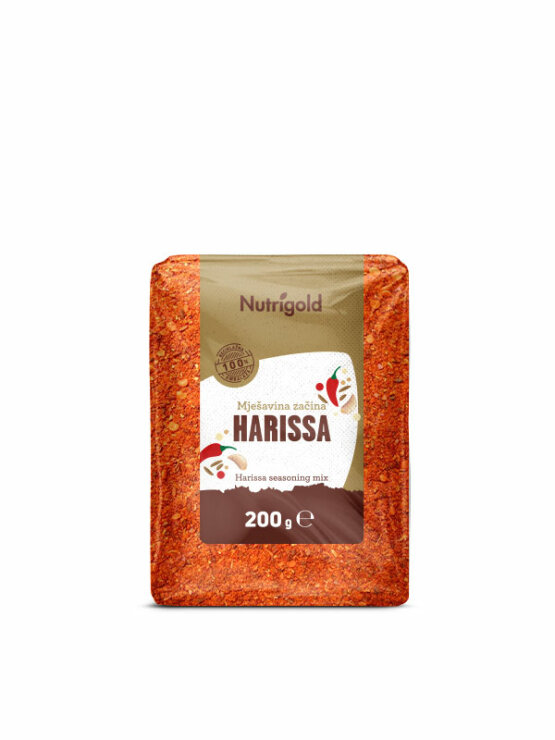 Nutrigold harissa ground spice blend in a bag containing 200g