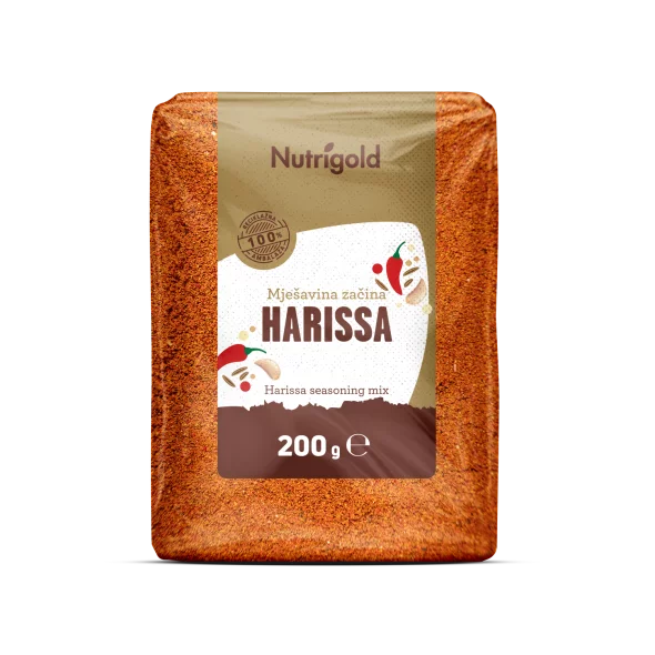 Nutrigold harissa ground spice blend in a bag containing 200g