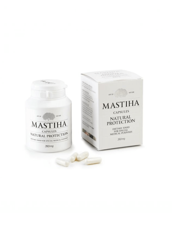 Chios mastiha 90 capsules filled with 350mg in white plastic packaging