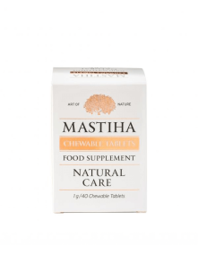 Chios Mastiha chewable tablets in a white plastic container of 40 grams