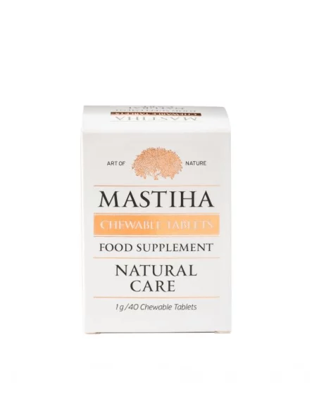 Chios Mastiha chewable tablets in a white plastic container of 40 grams
