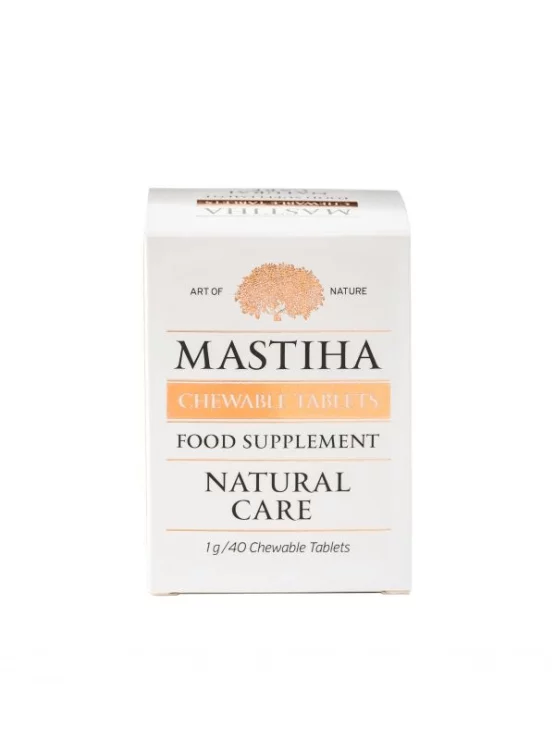 Chios Mastiha chewable tablets in a white plastic container of 40 grams