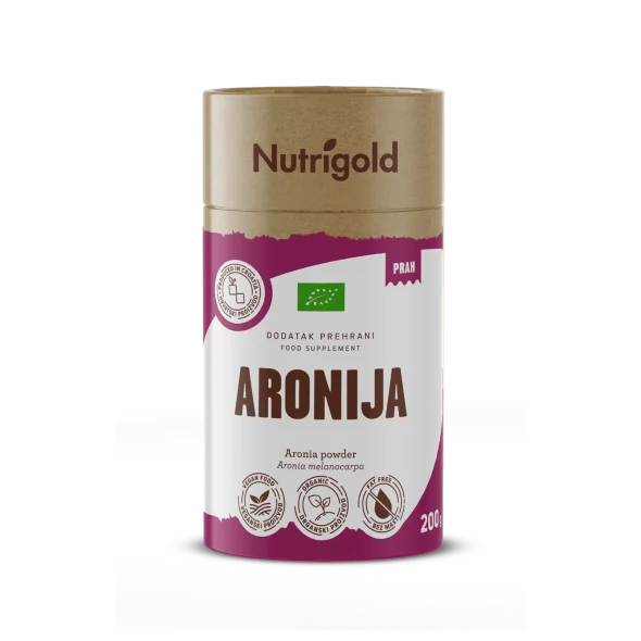 Nutrigold organic aronia powder in brown 200g packaging