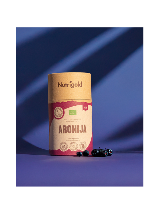Nutrigold organic aronia powder in brown 200g packaging