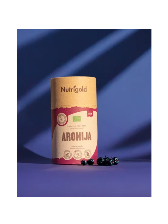 Nutrigold organic aronia powder in brown 200g packaging