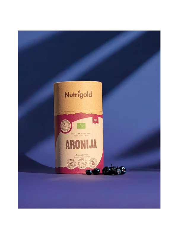 Nutrigold organic aronia powder in brown 200g packaging