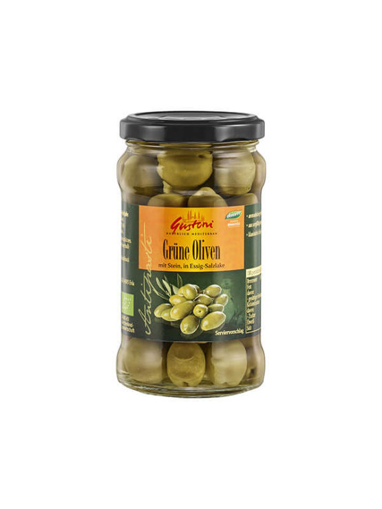 Gustoni organic green olives in a glass jar of 300g