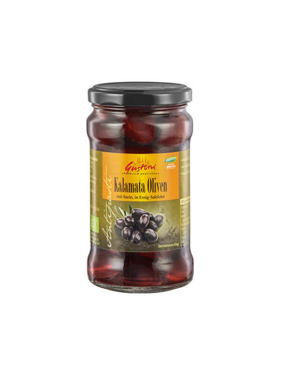 Gustoni organic kalamata olives in a glass jar of 300g