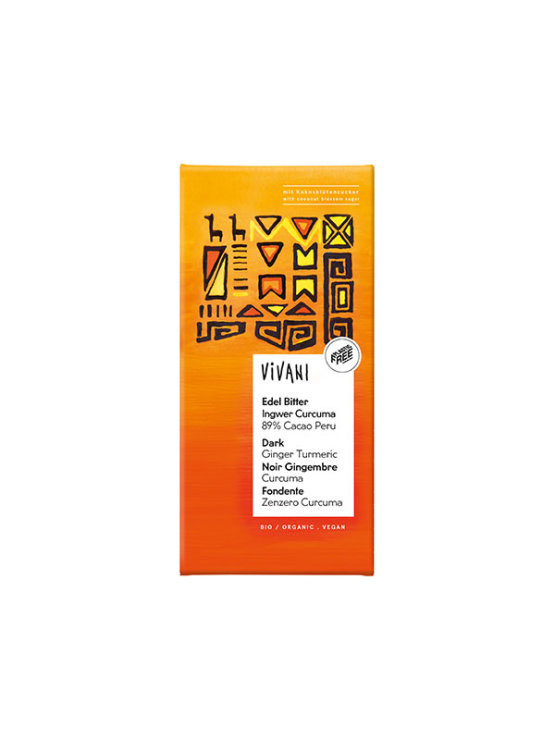 Vivani organic ginger and turmeric 89% chocolate of 80 grams in orange environmentally conscious cover