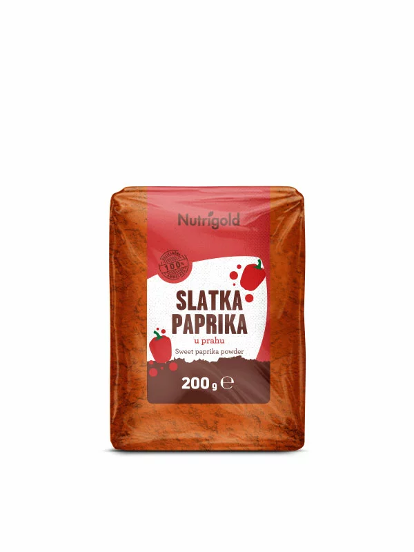 Nutrigold sweet paprika powder in transparent packaging of 200 grams