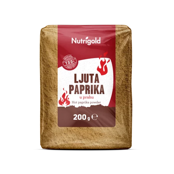 Nutrigold hot paprika powder in transparent packaging of 200 grams