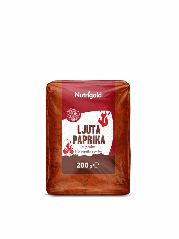 Nutrigold hot paprika powder in transparent packaging of 200 grams