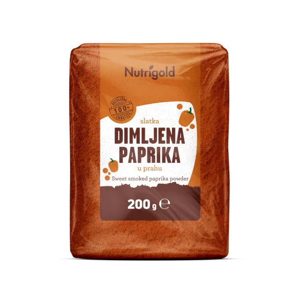 Nutrigold smoked paprika powder in transparent packaging of 200 grams