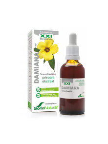 Soria Natural damiana drops in a 50ml glass bottle with a dropper