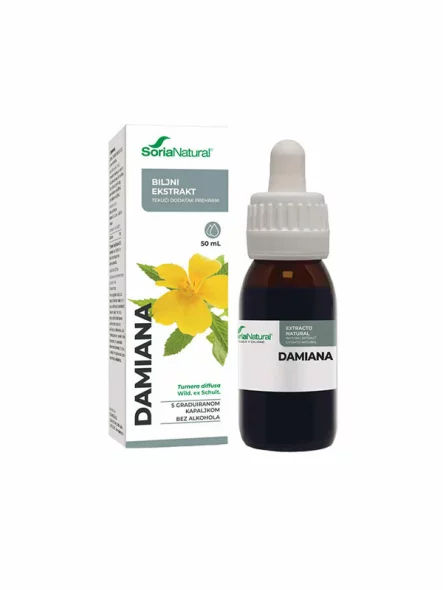 Soria Natural damiana drops in a 50ml glass bottle with a dropper
